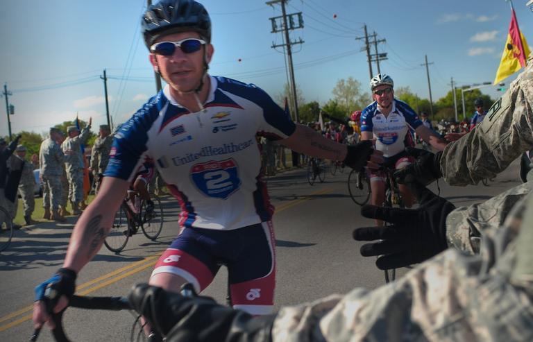 Soldiers, civilians and Family members from Division West, First Army, cheer Healing Heroes and other cyclists during the annual Texas Challenge event of the Ride to Recovery at Fort Hood, TX Apr 11. Photo by Sgt 1st Class Gail Braymen, Division West, Public Affairs / U.S. Army