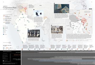 Page 46 of RAND report RR-A1784-1 shows a map overlaid with details of the report's first scenario "Coercive Belligerence". Photo by the RAND Corporation