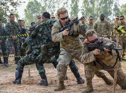 Soldiers from 2nd Infantry Division's 1st Stryker Brigade Combat Team and the Royal Thai Army conduct training during the Cobra Gold exercise in Phitsanulok, Thailand,.