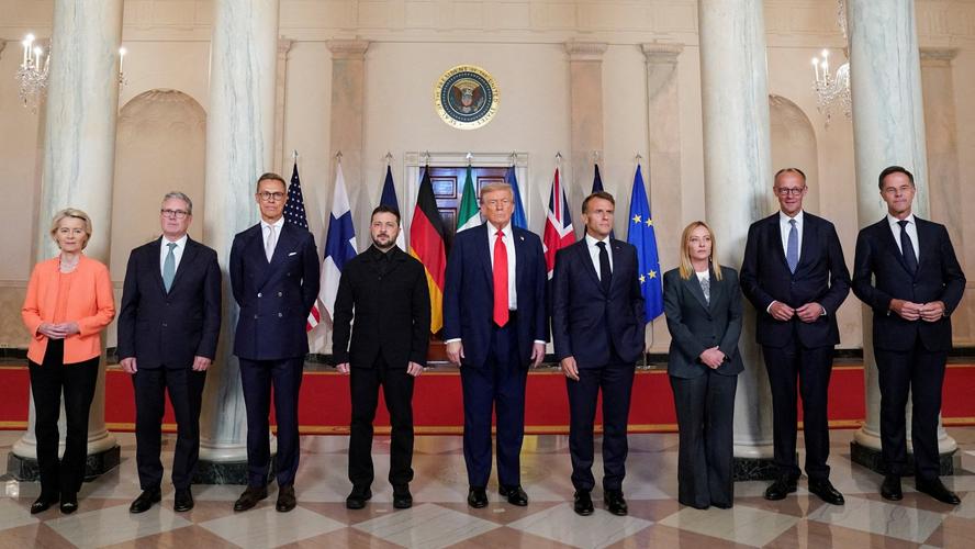 U.S. President Donald Trump, Ukrainian President Volodymyr Zelenskyy, and other world leaders meet for negotiations to end the war in Ukraine, in Washington, D.C., August 18, 2025