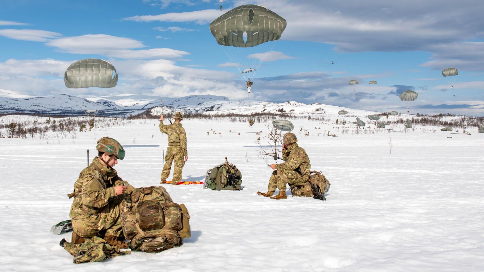 Paratroopers from the 82nd Airborne Division conduct an integrated Joint Forcible Entry training exercise during DEFENDER 25 in Norway