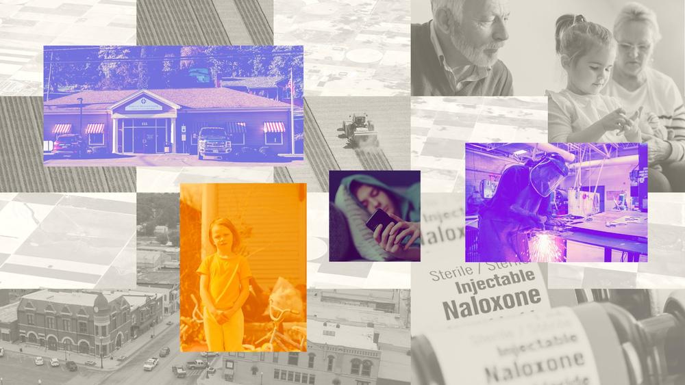 Abstract composite image featuring a convenience store, a child in their front yard, a wedler at work, grandparents caring for a child, and scenes of rural farmland.
