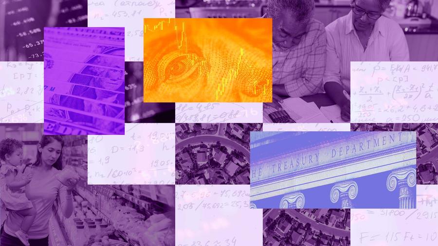 Abstract composite image featuring the U.S. Department of Treasury building, economic calculations and charts, and people reviewing bills and budgets.