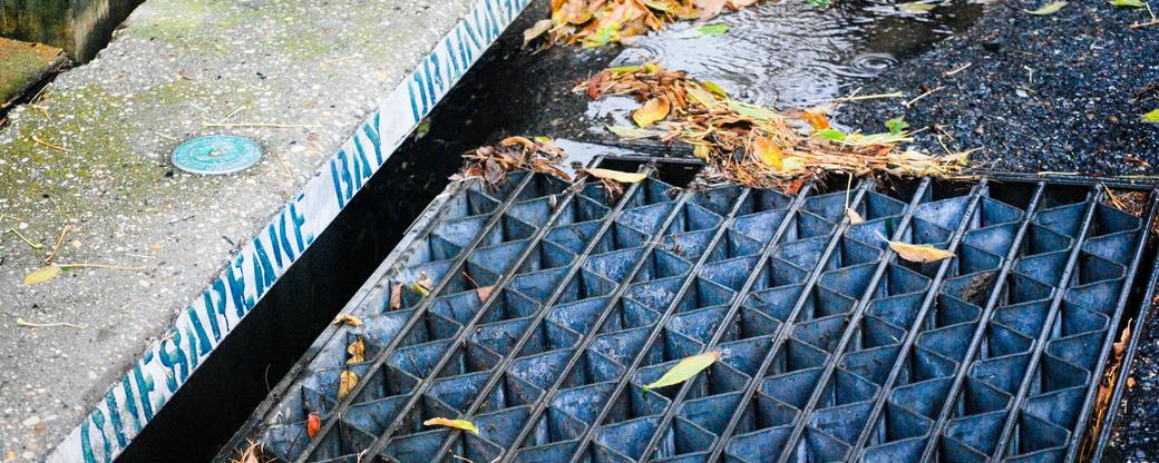 Stormwater drain in Anne Arundel County, MD, with Chesapeak Bay written on the curb above the drain.