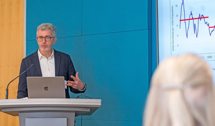 Jason Ward, director of the RAND Housing Center, speaks to guests at RAND's headquarters in Santa Monica, California, March 11, 2026