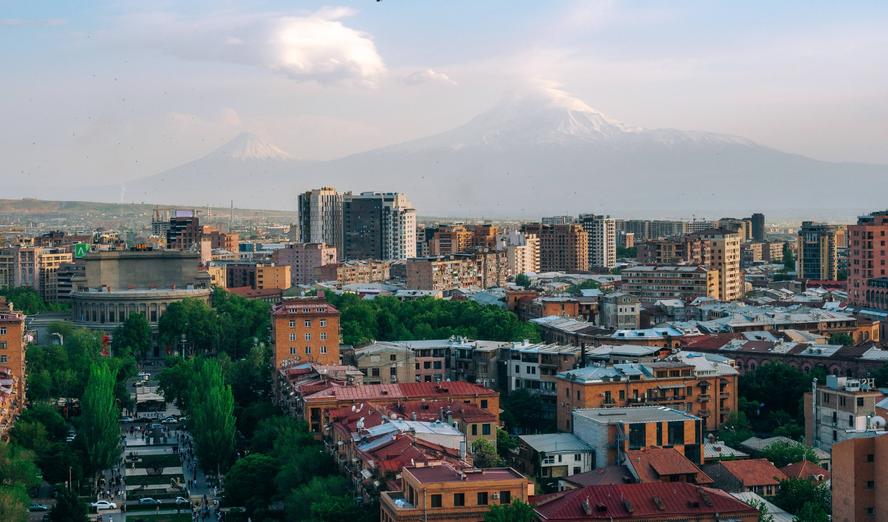 A view of Mount Ararat and Yerevan from the Cascade Complex in Yerevan, Armenia, May 9, 2023