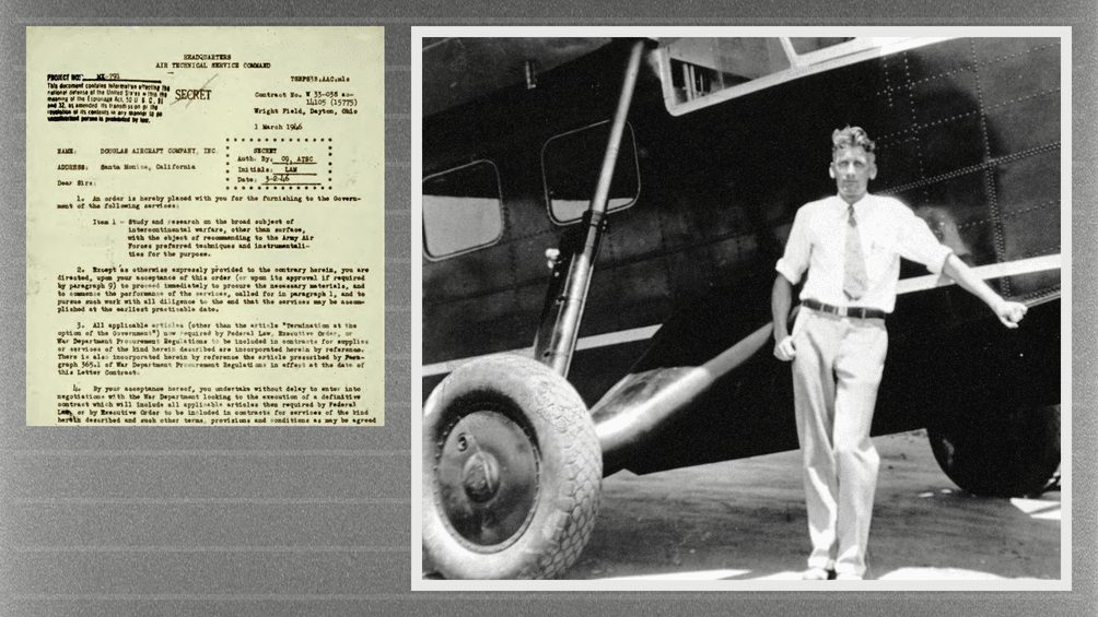Left: Original contract for Project RAND, 1946. Right: Frank Collbohm at Douglas Aircraft Company, 1940s.