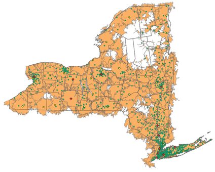 A map of the state of New York that shows VA medical centers, VA outpatient clinics and VA CCN behavioral health providers that can be reached with 30 minutes by car.