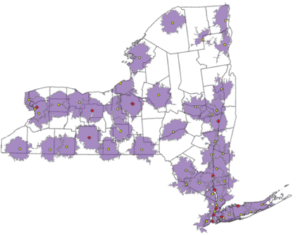 A map of the state of New York that shows the VA medical centers and VA outpatient clinics that can be reached with 30 minutes by car.